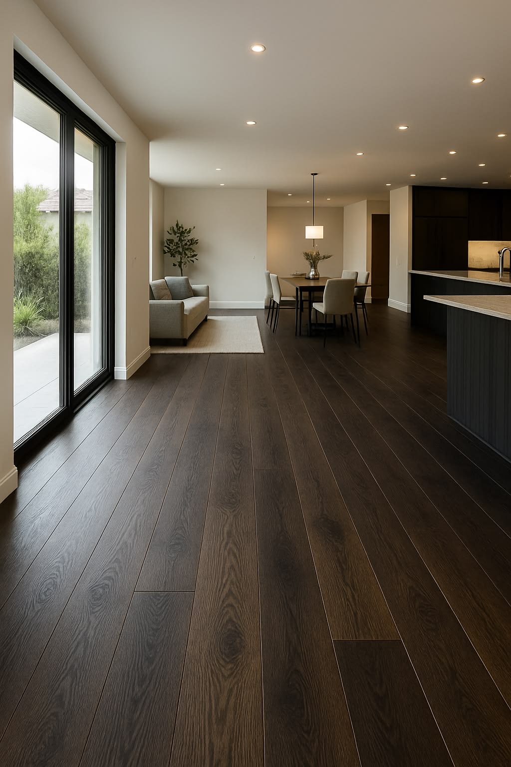 Dark wide-plank hardwood flooring installed by OnSite Flooring in a Colorado home