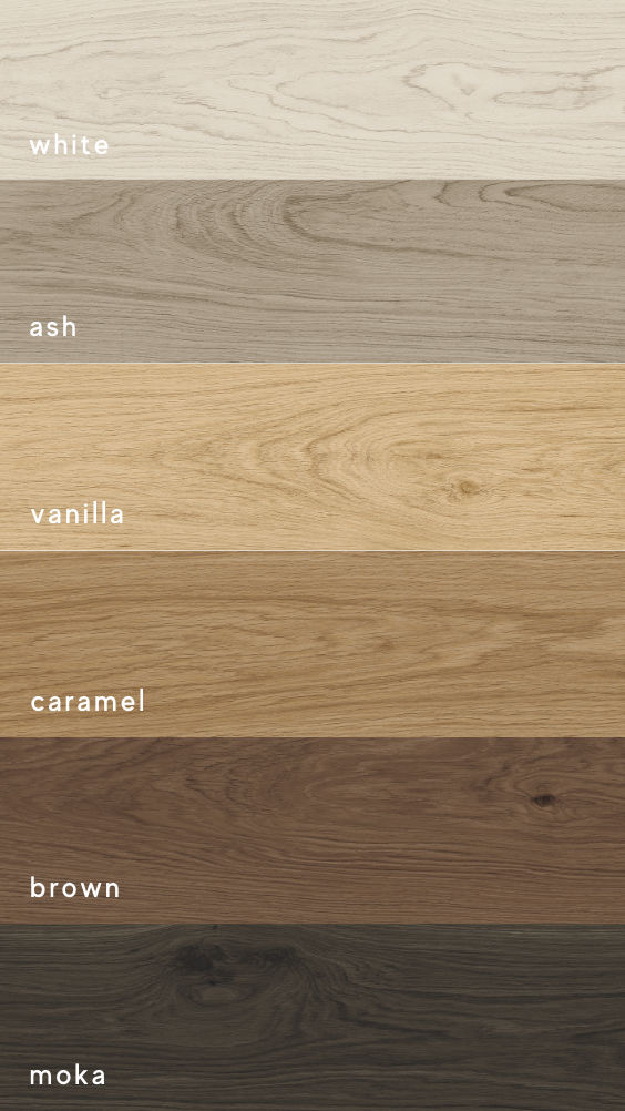 Wood flooring finish samples ranging from white and ash to brown and moka